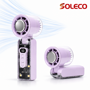 SOLECO [2026년 신형] 아이스 쿨링 핸디 선풍기 100단 무선 미니 선풍기 2000mAh USB-C 충전 LED 디스플레이, 퍼플 접이식, F21260507