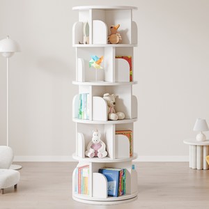 KURUA 학생 대용량 원형 책장 거실 서재 회전형 책꽂이, 흰색, 5단