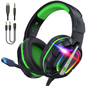 파치시 유선 게이밍 헤드셋 3.5mm 가상 7.1채널 RGB 3D 사운드 노이즈 캔슬링 마이크, 블랙 그린, FC200