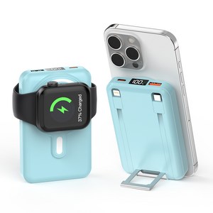 대용량 일체형 케이블 무선충전 잔량표시 고속충전 맥세이프 보조배터리 20000mAh, 블루, 블루