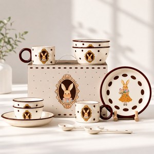 메블르 래빗 2인 식기 도자기 선물세트 공기 (2P)+대접 (2P)+접시 (2P)+머그컵 (2P)+숟가락 (2P)+선물박스 포장, 1세트, 2인 식기 10P