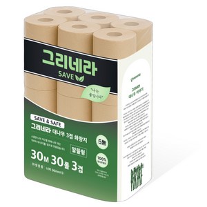 그리네라 save 알뜰형 먼지없는 깨끗한 무표백 무형광 뱀부 퓨어 대나무화장지 3겹, 1개, 30롤, 30m
