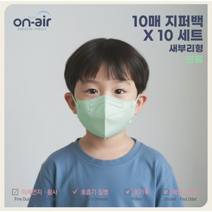 온에어 어린이 유아용 마스크 국내생산 새부리형 귀편한 데일리 마스크 (100매), 민트, 10개, 10매입