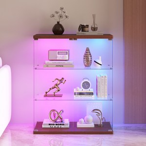 73*35*88cm RGB 센서 조명이 장착된 원목 거실용 유리 진열장 게임룸용 피규어 장식장, 적갈색