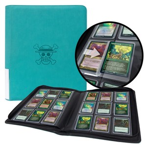 WTVIDAS 탑로더 바인더 9포켓 양면 링리스 방수 PU가죽 카드앨범 원피스 캐릭터 MTG TCG 카드 최대 288장 수집 가능, 16매, 파란색