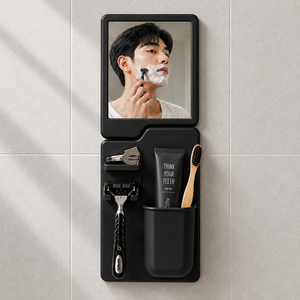 레이픽스 욕실 면도경 면도기 거치대 수납 가능한 면도 거울 수납 홀더 세트, 블랙