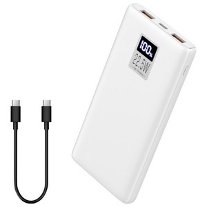VergHatia 고속충전 보조배터리 10000mAh PD 22.5W 슬림 보조배터리 잔량표시 멀티단자 기내반입 가능 + C타입 케이블, 흰색/White
