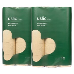 uslic 뱀부 무표백 화장지 휴지 화장지 물에잘녹는 이중포장, 2개, 30롤, 30m