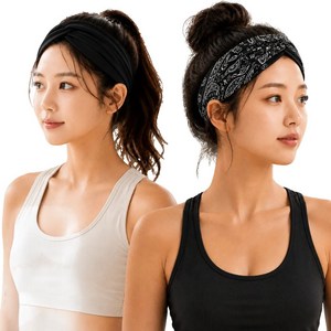 JPlus 여성 스포츠 헤어밴드 와이드 트위스트 페이즐리 무지 2종 세트, 1세트, 블랙