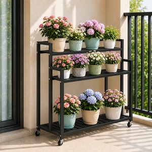 KEMEI 철제 화분 정리대 스탠드 받침대 베란다 화분 진열대 선반, 3단, 블랙100CM