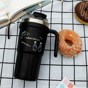 웜쿨러 대용량 손잡이 빨대 텀블러 (스티커+세척솔세트), 1세트, 600ml, 블랙