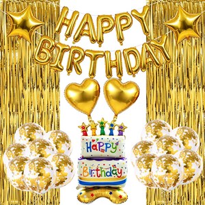 골드 생일파티풀세트 40cm HappyBirthday알루미늄풍선 45cm 하트 스타 알루미늄풍선 케이크알루미늄풍선 30cm 컨페티풍선 골드파티커튼 홈파티 생일이벤트 장식 1세트, 31개, 색상