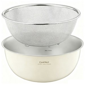 CookNest 연마제 없는 예쁜 스텐 믹싱볼 채반 세트 양푼, 오프 화이트, 1세트