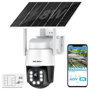 Genbolt AOV 4G LTE 태양광 실외용 충전식 무선 CCTV 감시 카메라 사람 감지 자동추적 2K 3MP 10400mAh PTZ IP66 방수, 1개, GB-216HKXV-Black