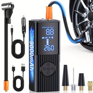 타이어 공기압 주입기 자동차 자전거 겸용 9000mAh 대용량 무선 고속 저소음 휴대용 공기주입기 콤프레샤 차량용 캠핑용 축구공 농구공, 1개, 블랙