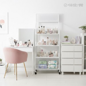 리빙가감법 철제 이동식 4단 간식 선반 스낵 디스플레이 랙 소매점 마켓 스탠드 발매트 및 후크 15개가 있는 다용도 수납선반, 화이트, 1개