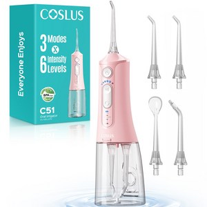 COSLUS 코슬루스 6단 수압+3종 모드 휴대용 구강세정기 IPX7 급방수+4개 노즐팁, 분홍색, C51