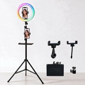WOWWAY 링라이트 LED 촬영 조명 RGB 듀얼 스마트폰 거치대 멀티 트레이 방송 촬영 삼각대, 1세트, 블랙