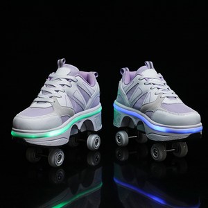 liekick 쿼드 스케이트 투명 롤러 스케이트 개폐식 롤러 슈즈 LED 휠 스니커즈 내장 힐리스, 보라색 로우힐 LED