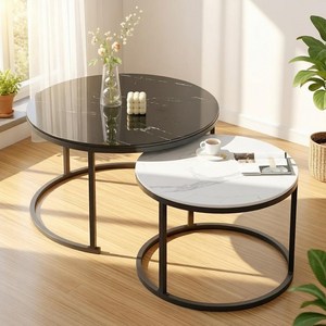 하루꿈 원형 테이블 세트 거실 소파 인테리어 접이식 조합형 홈카페 수납 디자인 티테이블, 블랙화이트
