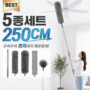 하루꿈 다용도 길이조절 천장 장대 먼지털이 세트 청소솔 거미줄 제거기 틈새 브러쉬 2.5m 정전기 흡착 자유자재 휘어짐, 1세트, 5종