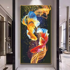 심스타 실십자수 행운의 두마리 물고기 복 들어오는 도안 프린트 풀패키지 DIY, 1개, 75x45cm 면사 3가닥자수