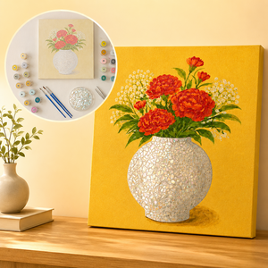 보코니 달항아리 DIY 유화 꽃 그림 그리기 세트 + 큐빅 or 자개 꾸미기 키트 [고급박스포장], 1개, 카네이션