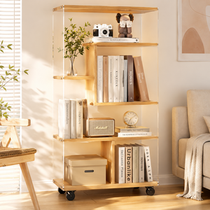 H N Quality Home 이동식 아크릴 책장 5단 오픈 수납장 투명 선반 거실 침실 북선반 바퀴형, 나뭇결