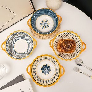 MorningSea 북유럽 도자기 양손 그릇 샐러드 예쁜 디자인 그릇 라면 그릇 세트, 4개, 화이트