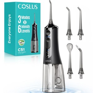 COSLUS 코슬루스 6단 수압+3종 모드 휴대용 구강세정기 IPX7 급방수+4개 노즐팁, 검정색, C51