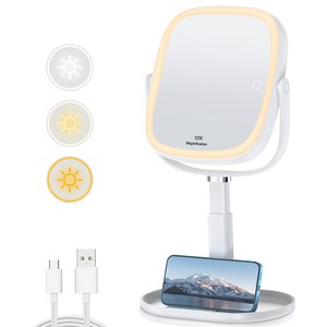 LED 조명 탁상 화장거울 360도회전 1배/10배 확대 3000mAh, 화이트
