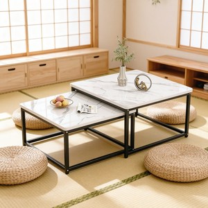 New World [마감 세일] 거실테이블 접이식 공간활용 소파테이블 수납형 티테이블 세트 70+60CM CJ02, 화이트+블랙