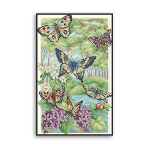 심스타 실십자수 나비와 숲 크로스 스티치 14CT 전체자수 도안 패키지, 32X47CM 면사 14CT 49종류실, 1개