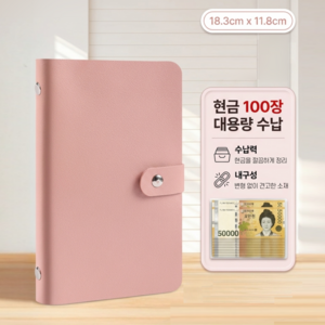 최대 100매 수납 버튼형 머니 바인더 현금 저축 다이어리, 1개, 핑크