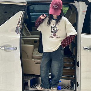 비비키드 여아 기모 주니어 상의 초등생 하의 세트 겨울 세트 초중생 고양이캐릭터 프린팅 페이크레이어드 긴팔 데님 긴바지 초등생 상하세트 (99618)