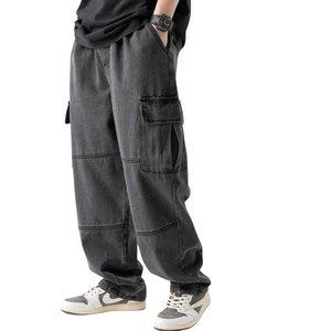 제트디디 남자 복고 입체 세미 와이드 밴딩 카고 데님 팬츠 청바지