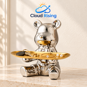CLOUD RISING 도자기 곰돌이 수납 트레이 저금통 현관 열쇠 보관 인테리어 오브제, 실버