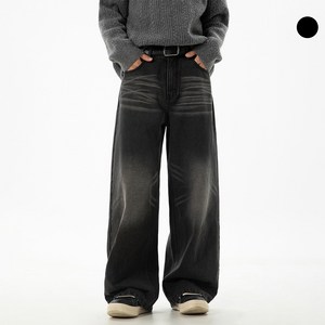 HANYO 남자 캣브러쉬 워싱 허리밴딩 스트릿 넉넉한 일자 청바지 데님 팬츠