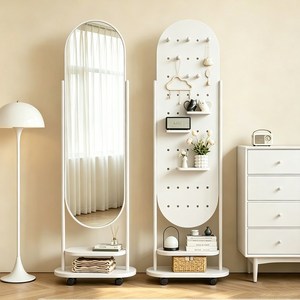 H N Quality Home 회전식 이동 원목 전신거울 + 행거 + 수납선반 다용도 세트 공간절약형, 화이트
