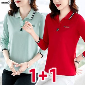 TIMEPURE 1+1 중년 여성 폴로 골프 긴팔티 봄 가을 골프웨어 캐주얼 슬림핏 이너 상의 카라 긴팔 티셔츠 루즈핏 데일리 폴로셔츠 엄마옷 2장세트 빅사이즈