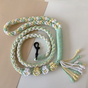 푸니랜드 강아지/고양이 DIY 수제 핸드메이드 플라워 뜨개 산책 리드줄 1.5m, 1개, 민트 + 옐로우