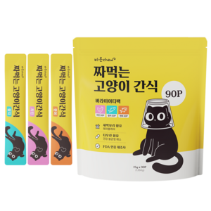 바른츄 고양이 간식 짜먹는 스틱 90P 버라이어티팩, 90개, 15g, 치킨 30P+참치 30P+연어 30P