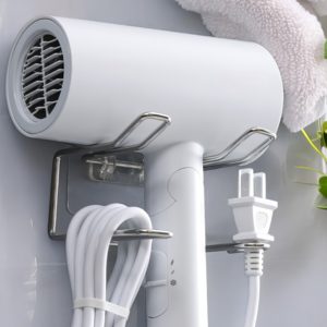 드라이어 거치대 벽걸이 접착식 무드릴 (거치대+보관함) 2in1 bathroom hair dryer holder, 은, 1개