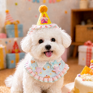 강아지 고양이 생일모자 프릴 케이프 세트 반려동물 생일파티 촬영소품, 1개, 옐로우