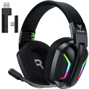 WESEARY 무선 게이밍 헤드셋 가상 7.1채널 듀얼 EQ 모드 초경량 2.4GHz 3D 사운드 노이즈 캔슬링 마이크, 올블랙, WG1