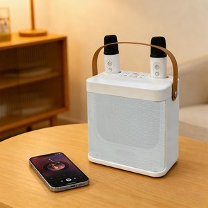 SEVOREN 무선 듀얼 마이크 블루투스 스피커 마이크 노래방 USB TF카드 인식 마이크 2 스피커 1 어린이 선물, 화이트, F-MKFYX001