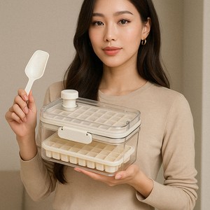 대형 얼음트레이 2단 보관통 스쿱 세트 아이스트레이 얼음틀 얼음제조기 냉동실 정리 주방용품 아이스박스 아이스몰드 홈카페 캠핑 여름 얼음보관함, 1개, 화이트
