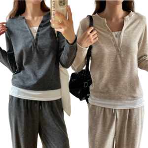 디어폴리 여성 간절기 레이어드 얇은 브이넥 트레이닝복 세트