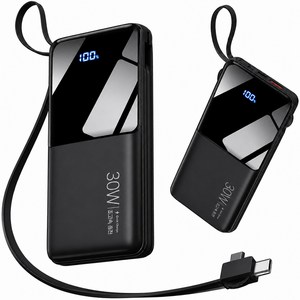EYY 20000mah 보조배터리 내장형 32cm 데이터 케이블 PD22.5W 고속충전 일체형 대용량 난연 소재, 블랙, 1개