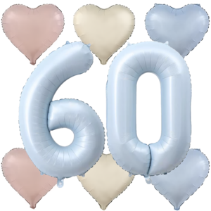 파파 파티 대형 하늘색 숫자 풍선 세트 기념일 생일, 1세트, 하늘 60 + 크림 하트 6p